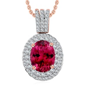Ilian AAAA Ouro Fino Rubellite and E-F VS2 Diamond Pendant Necklace 20 Inches in 18K Rose Gold 2.42 ctw