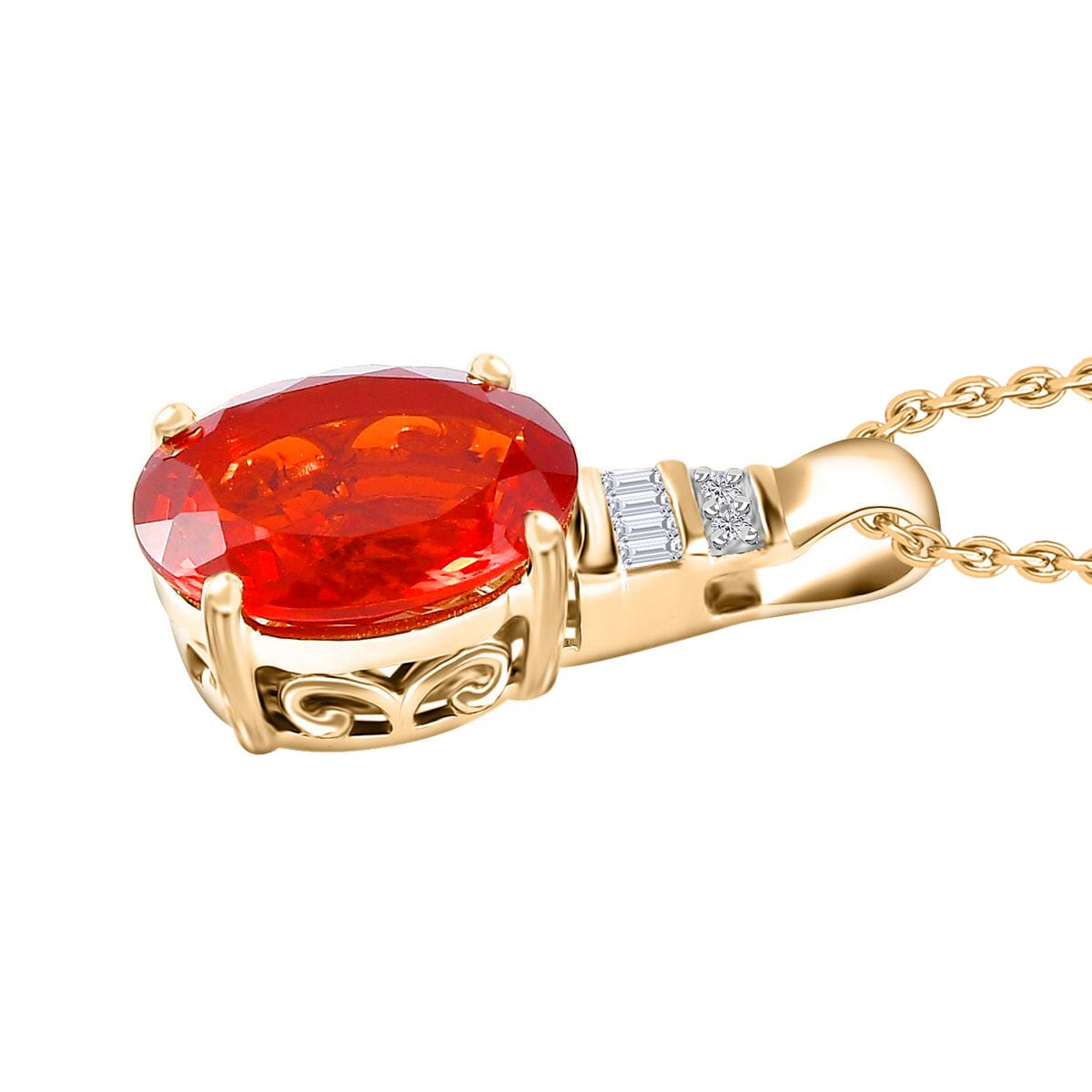Rhapsody AAAA Crimson Fire Opal and E-F VS2 Diamond 3.33 ctw Pendant Necklace 20 Inches in 18K Yellow Gold image number 2