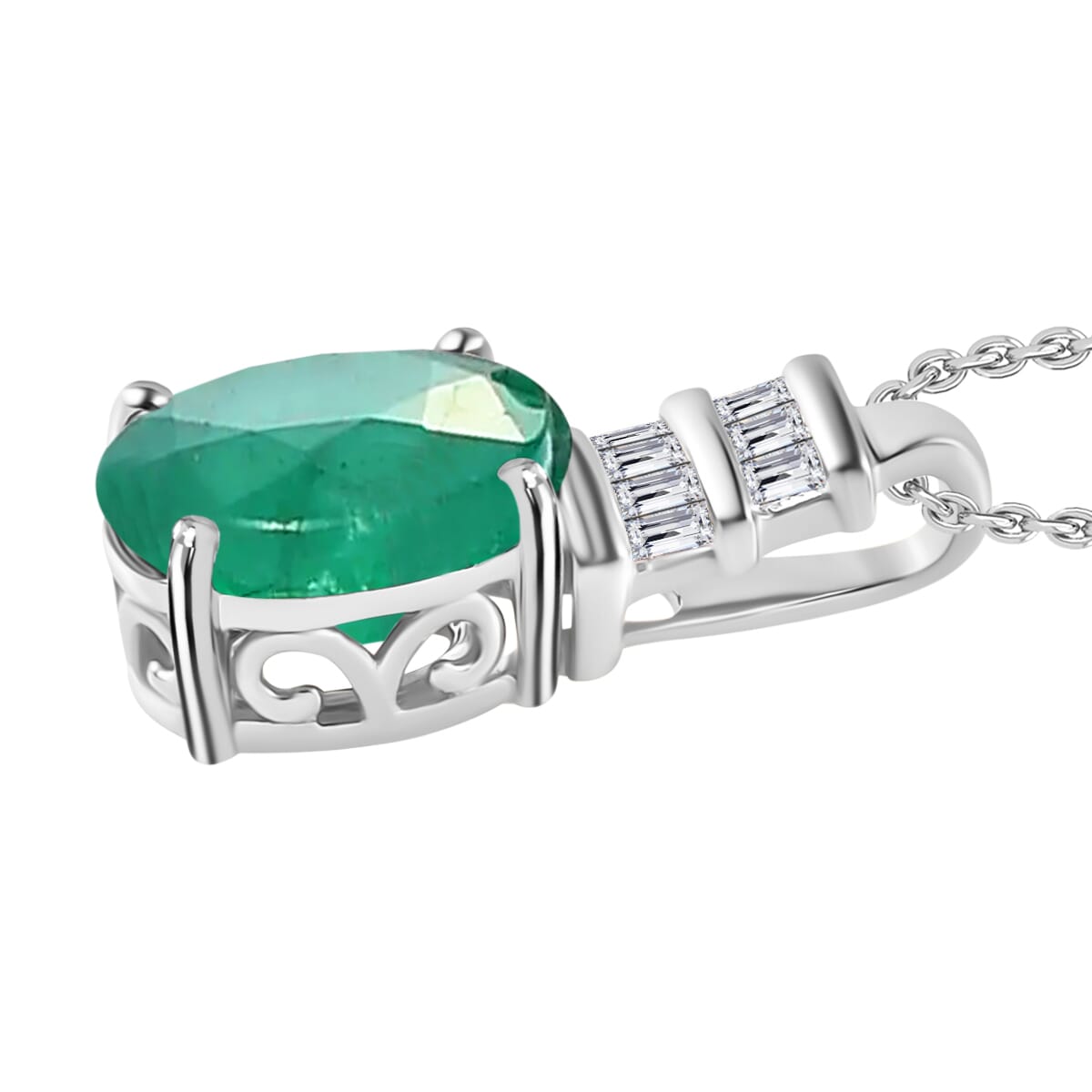 Luxoro Premium Kagem Zambian Emerald and G-H I1 Diamond 1.94 ctw Pendant Necklace 20 Inches in 14K White Gold image number 2