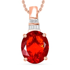 Luxoro Premium Crimson Fire Opal and G-H I1 Diamond 3.33 ctw Pendant Necklace 20 Inches in 14K Rose Gold
