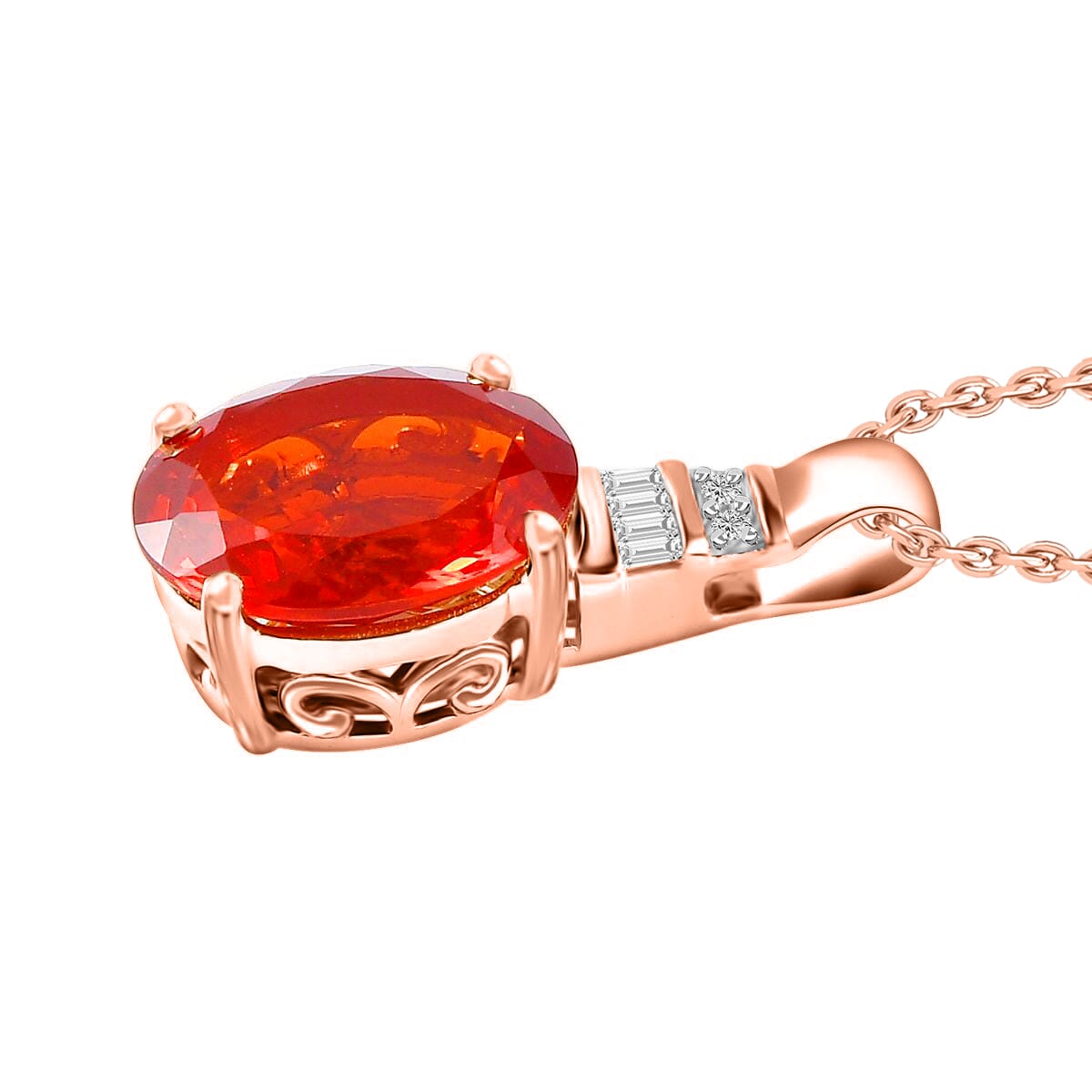Luxoro Premium Crimson Fire Opal and G-H I1 Diamond 3.33 ctw Pendant Necklace 20 Inches in 14K Rose Gold image number 2