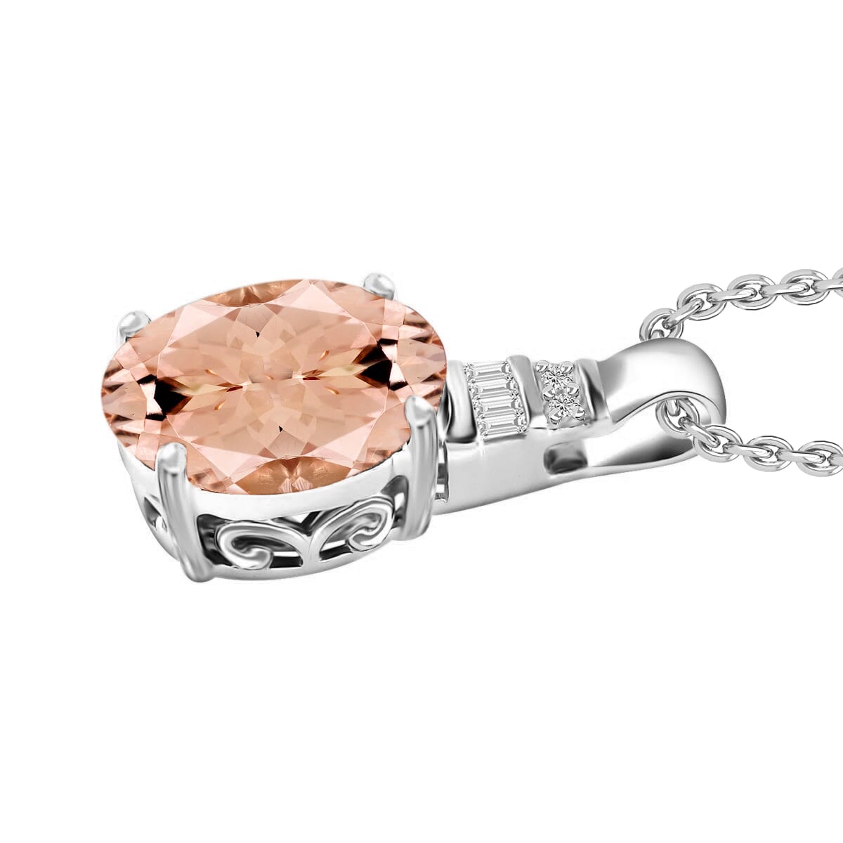 Luxoro Premium Marropino Morganite and G-H I1 Diamond 4.48 ctw Pendant Necklace 20 Inches in 14K White Gold image number 1