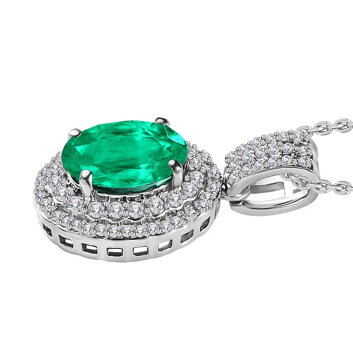 Rhapsody AAAA Kagem Zambian Emerald and E-F VS2 Diamond 2.22 ctw Pendant Necklace in 950 Platinum 20 Inches image number 1