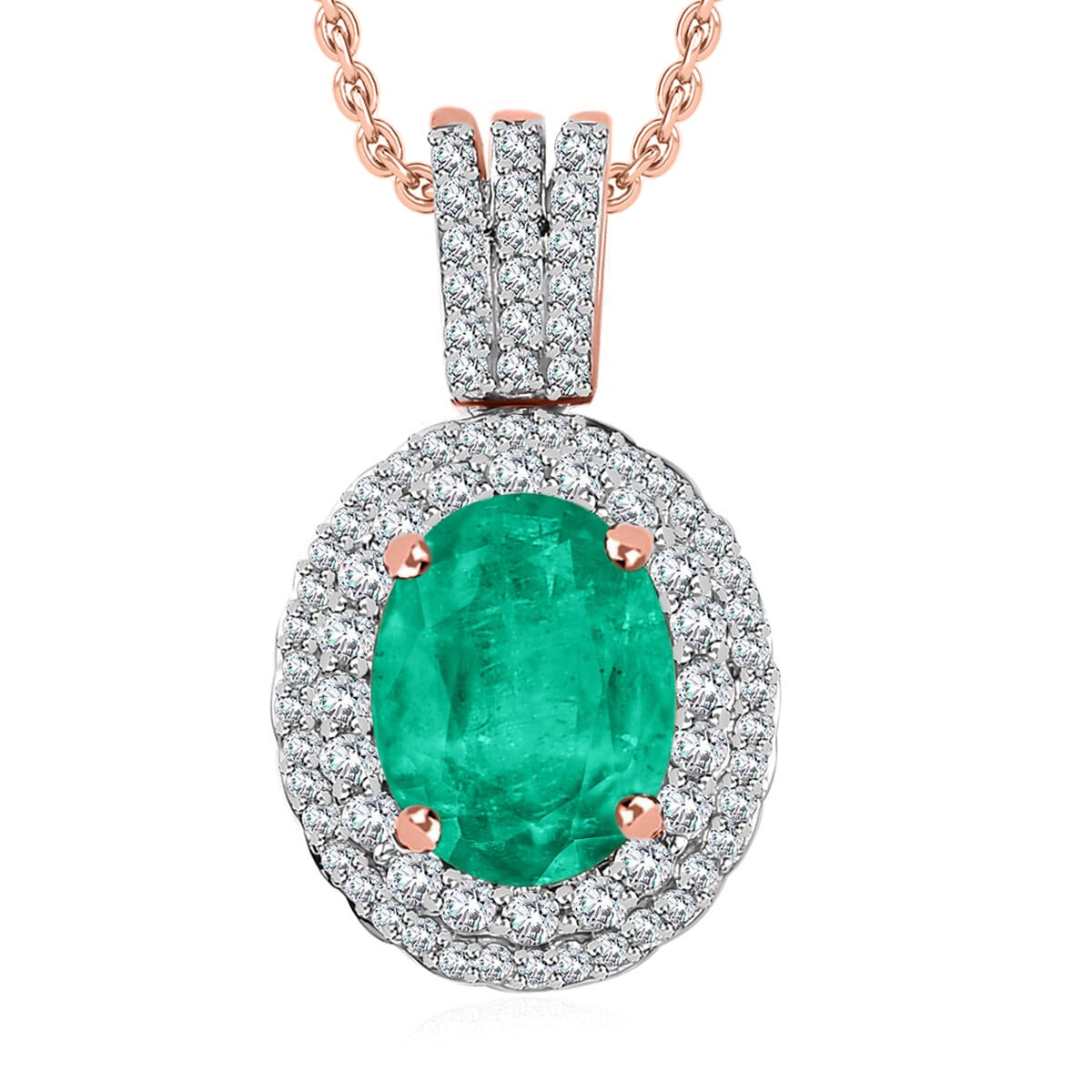 Rhapsody AAAA Kagem Zambian Emerald and E-F VS2 Diamond 2.22 ctw Pendant Necklace 20 Inches in 18K Rose Gold image number 0