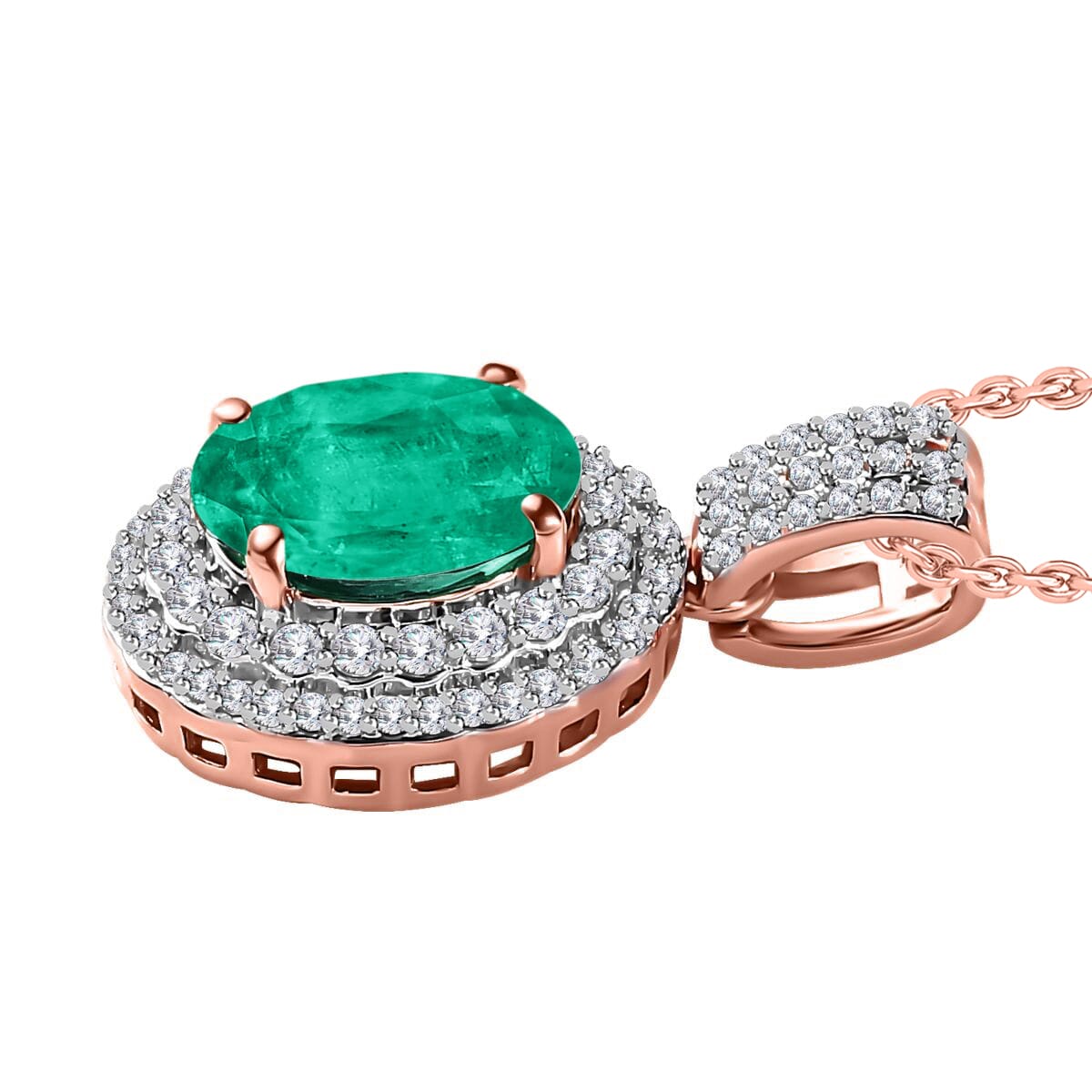 Rhapsody AAAA Kagem Zambian Emerald and E-F VS2 Diamond 2.22 ctw Pendant Necklace 20 Inches in 18K Rose Gold image number 2