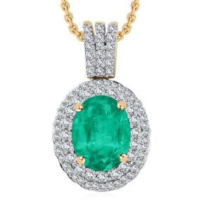 Rhapsody AAAA Kagem Zambian Emerald and E-F VS2 Diamond 2.22 ctw Pendant Necklace 20 Inches in 18K Yellow Gold