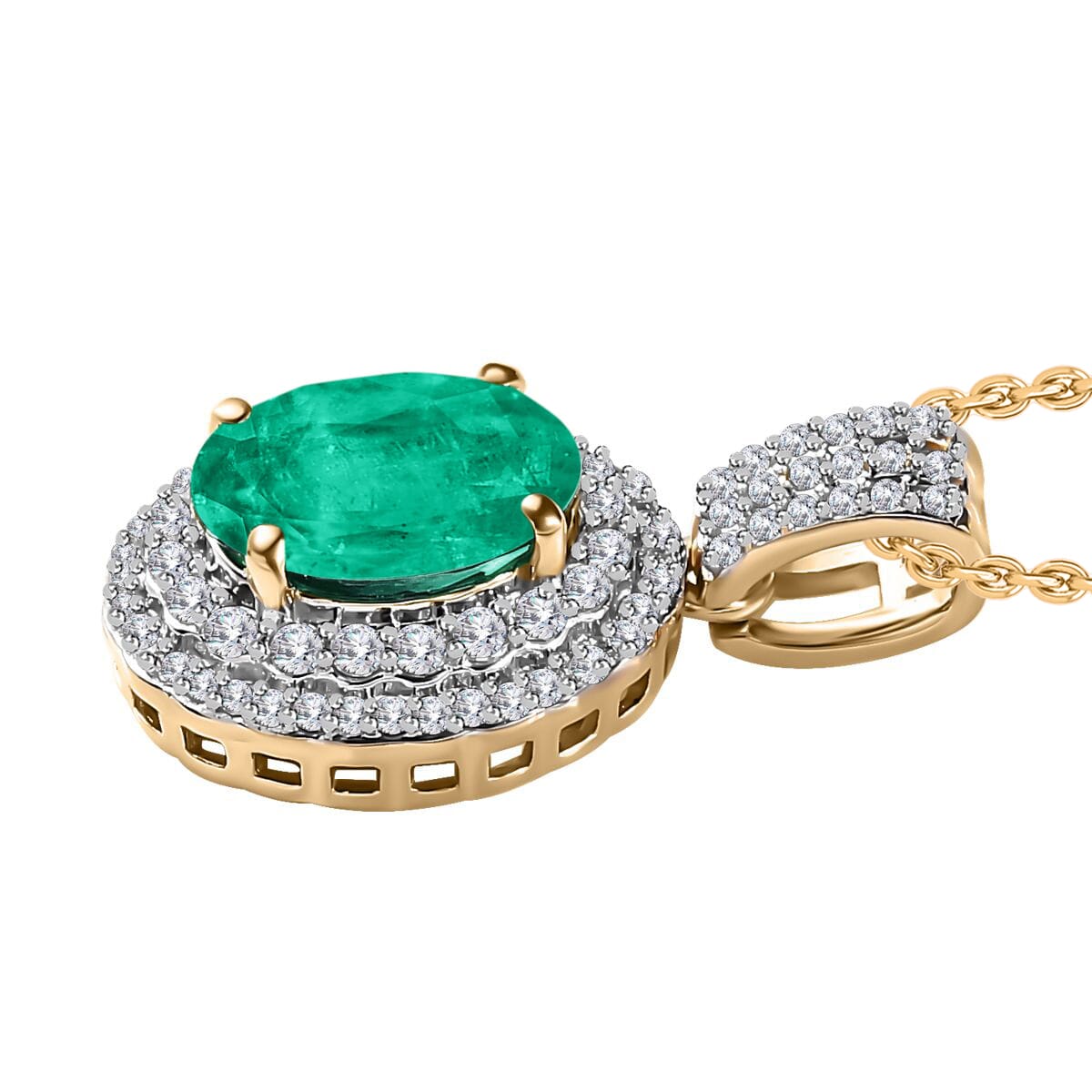 Rhapsody AAAA Kagem Zambian Emerald and E-F VS2 Diamond 2.22 ctw Pendant Necklace 20 Inches in 18K Yellow Gold image number 2