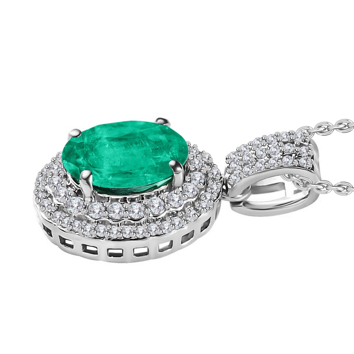 Rhapsody AAAA Kagem Zambian Emerald and E-F VS2 Diamond 2.22 ctw Pendant Necklace 20 Inches in 18K White Gold image number 2