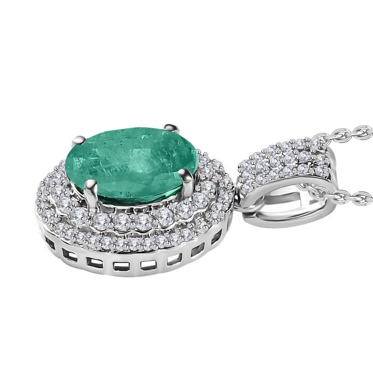 Luxoro Premium Kagem Zambian Emerald and G-H I1 Diamond 2.22 ctw Pendant Necklace 20 Inches in 14K White Gold image number 2