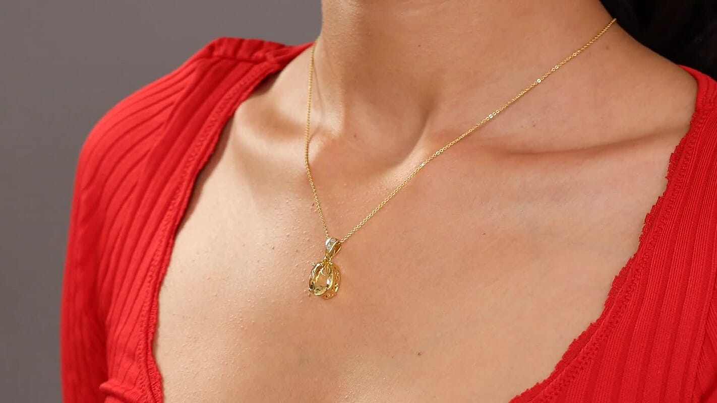 D'Joy Yellow Labradorite and Luxuriant Lab Grown Diamond 5.25 ctw Solaris Crown Pendant Necklace 20 Inches in 18K Vermeil Yellow Gold Over Sterling Silver