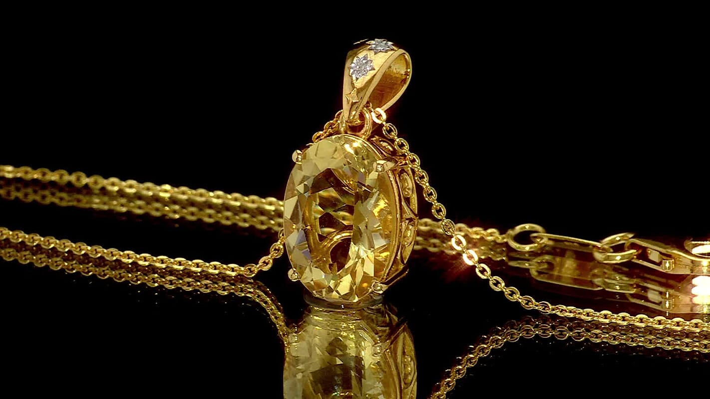 D'Joy Yellow Labradorite and Luxuriant Lab Grown Diamond 5.25 ctw Solaris Crown Pendant Necklace 20 Inches in 18K Vermeil Yellow Gold Over Sterling Silver