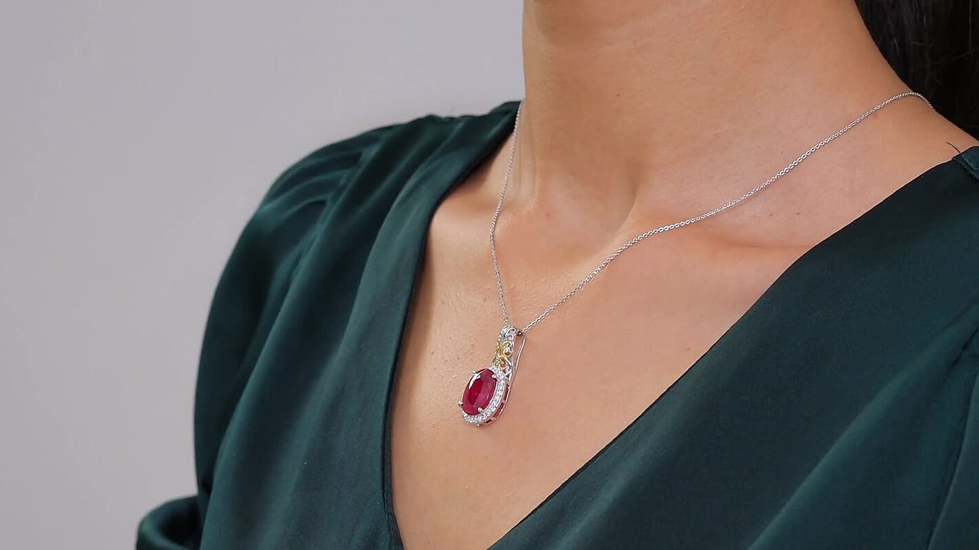 Niassa Ruby (FF) and Moissanite 8.80 ctw Pendant Necklace in 18K Vermeil YG and Rhodium Over Sterling Silver 20 Inches