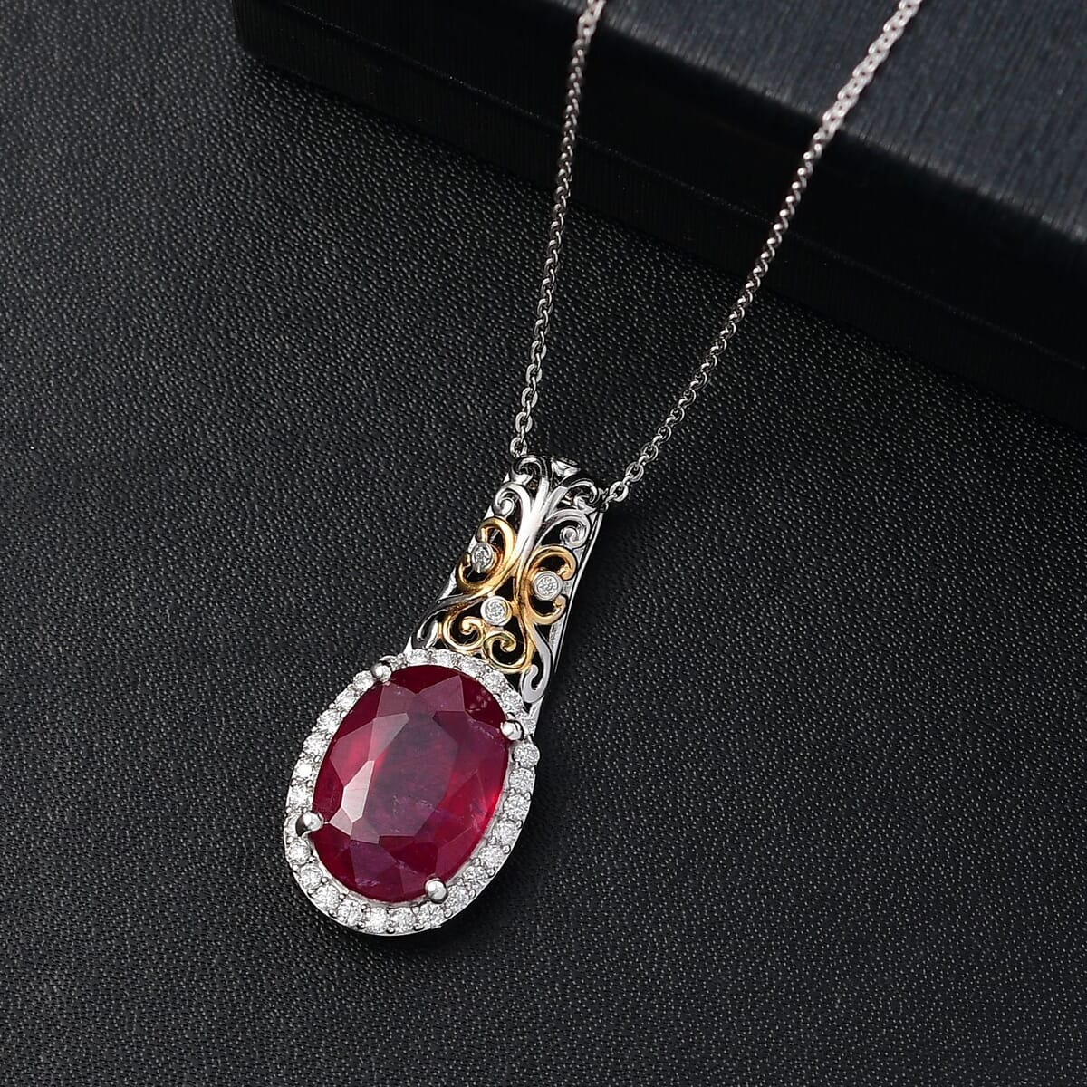 Niassa Ruby (FF) and Moissanite 8.80 ctw Pendant Necklace in 18K Vermeil YG and Rhodium Over Sterling Silver 20 Inches image number 1