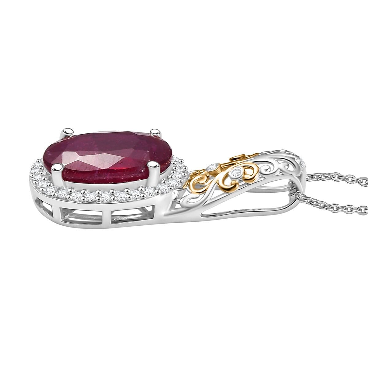 Niassa Ruby (FF) and Moissanite 8.80 ctw Pendant Necklace in 18K Vermeil YG and Rhodium Over Sterling Silver 20 Inches image number 3