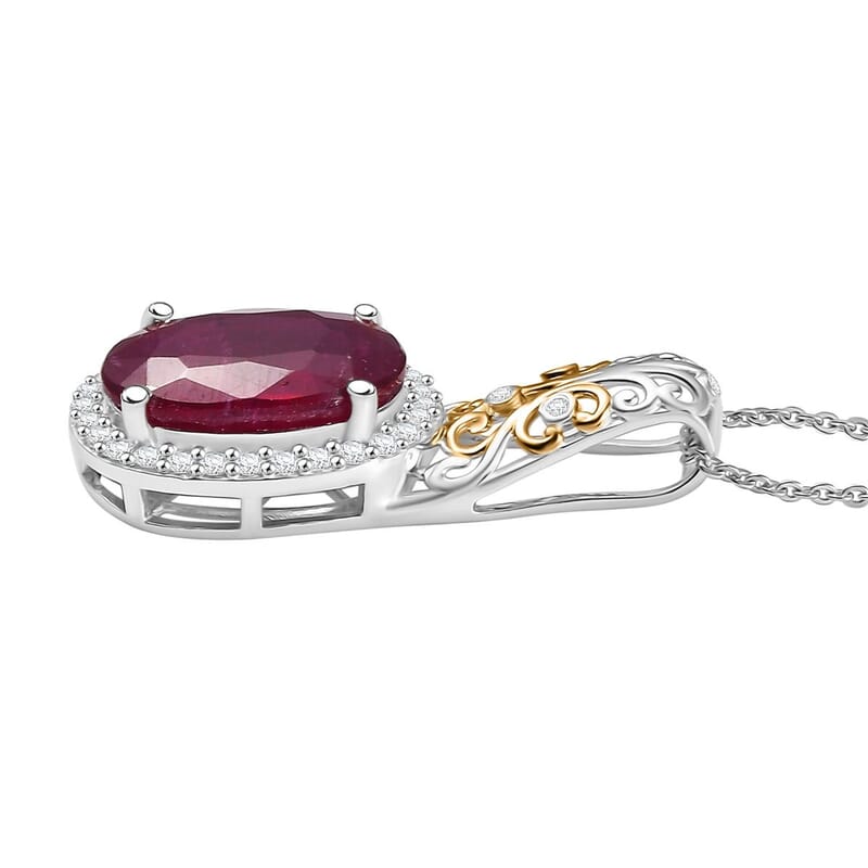 D'Joy Premium Niassa Ruby (FF) and Moissanite 8.80 ctw Empress Crest Pendant Necklace in 18K Vermeil YG and Rhodium Over Sterling Silver 20 Inches