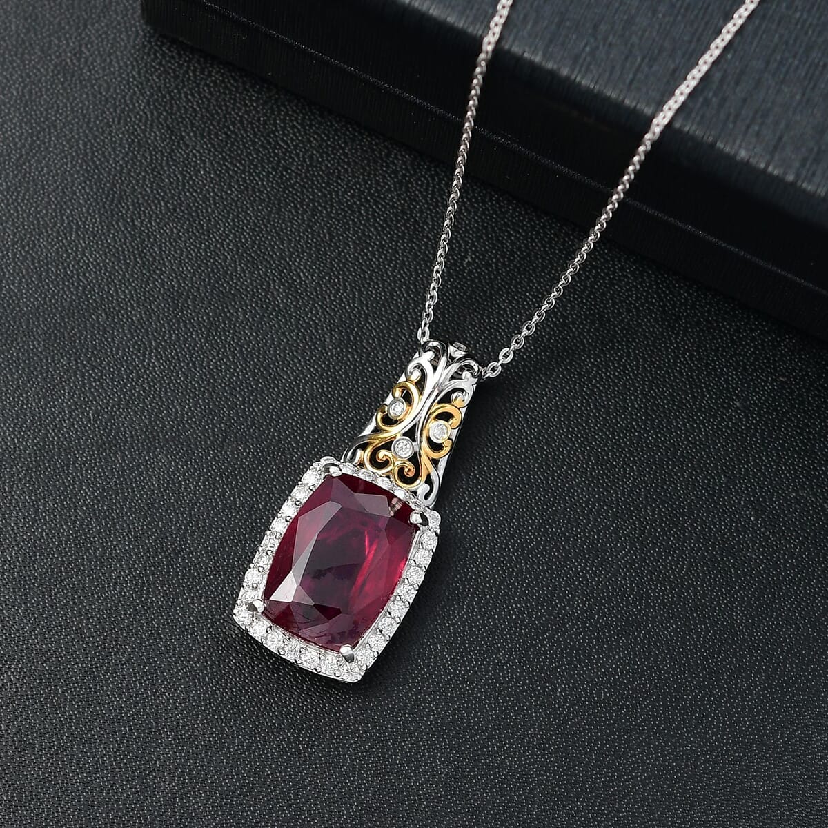 Niassa Ruby (FF) and Moissanite 11.10 ctw Pendant Necklace in 18K Vermeil YG and Rhodium Over Sterling Silver 20 Inches image number 1