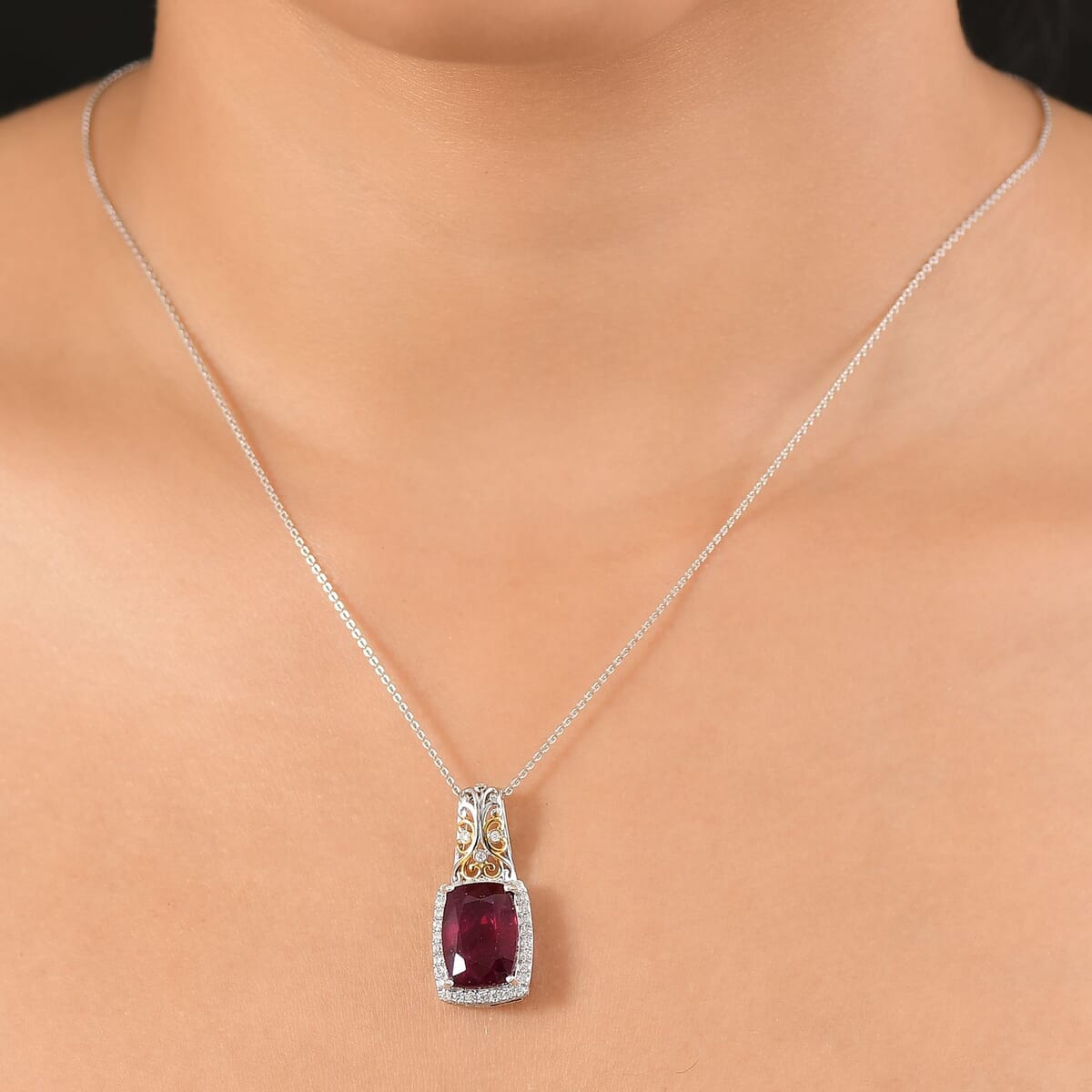Niassa Ruby (FF) and Moissanite 11.10 ctw Pendant Necklace in 18K Vermeil YG and Rhodium Over Sterling Silver 20 Inches image number 2