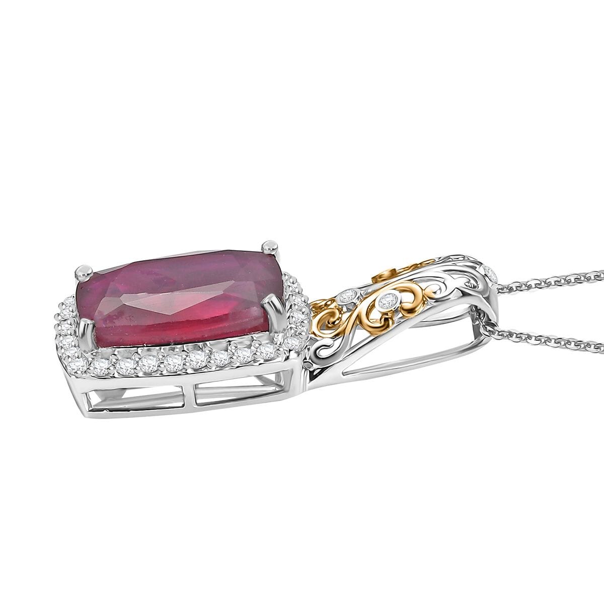Niassa Ruby (FF) and Moissanite 11.10 ctw Pendant Necklace in 18K Vermeil YG and Rhodium Over Sterling Silver 20 Inches image number 3