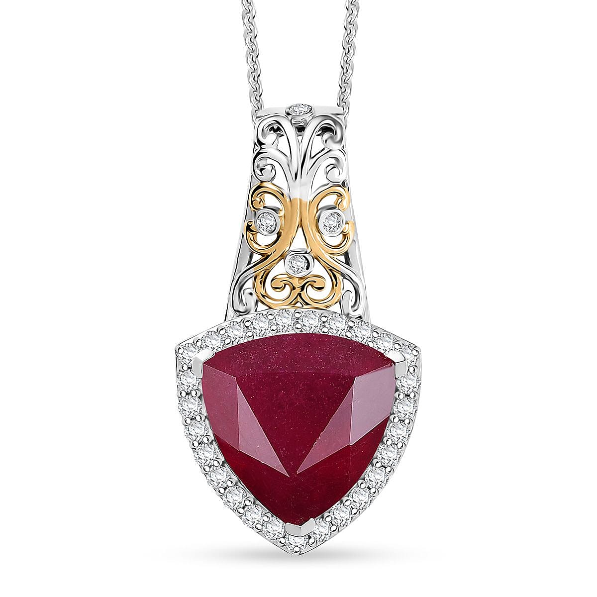 D'Joy Niassa Ruby (FF) and Moissanite 9.40 ctw Empress Crest Pendant Necklace in 18K Vermeil YG and Rhodium Over Sterling Silver 20 Inches image number 0