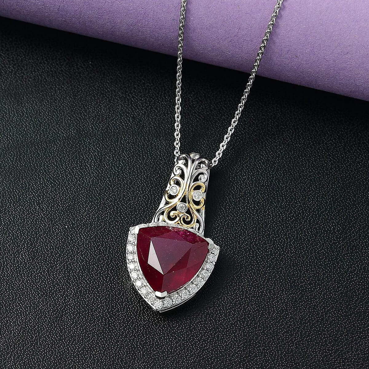 D'Joy Niassa Ruby (FF) and Moissanite 9.40 ctw Empress Crest Pendant Necklace in 18K Vermeil YG and Rhodium Over Sterling Silver 20 Inches image number 1