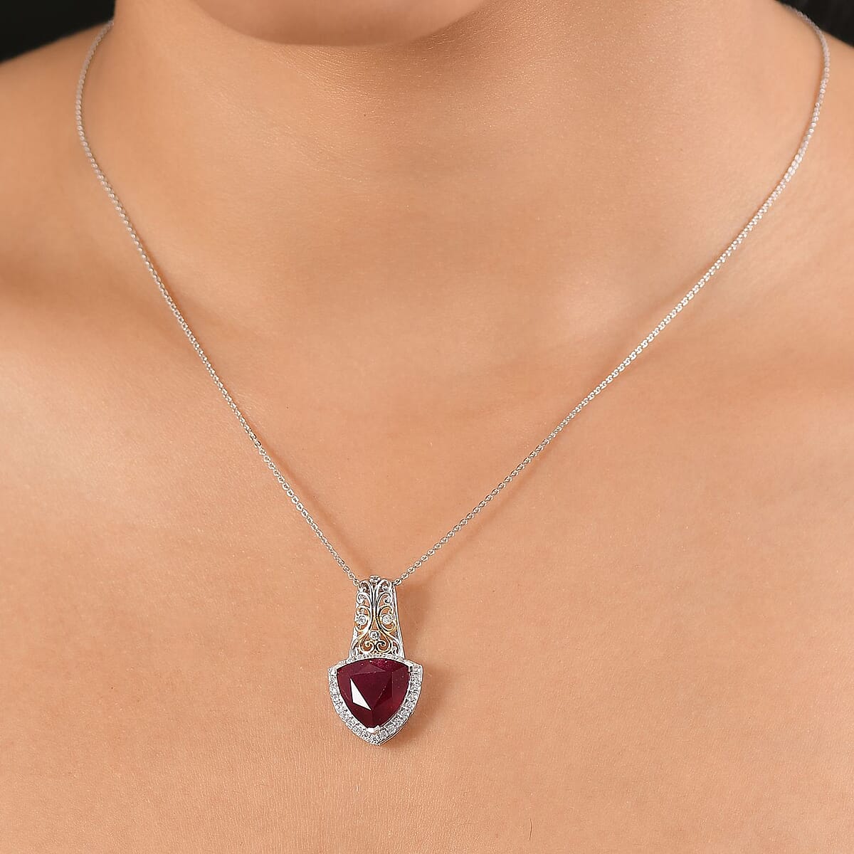 D'Joy Niassa Ruby (FF) and Moissanite 9.40 ctw Empress Crest Pendant Necklace in 18K Vermeil YG and Rhodium Over Sterling Silver 20 Inches image number 2