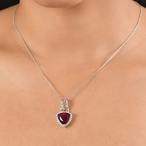 D'Joy Niassa Ruby (FF) and Moissanite 9.40 ctw Empress Crest Pendant Necklace in 18K Vermeil YG and Rhodium Over Sterling Silver 20 Inches