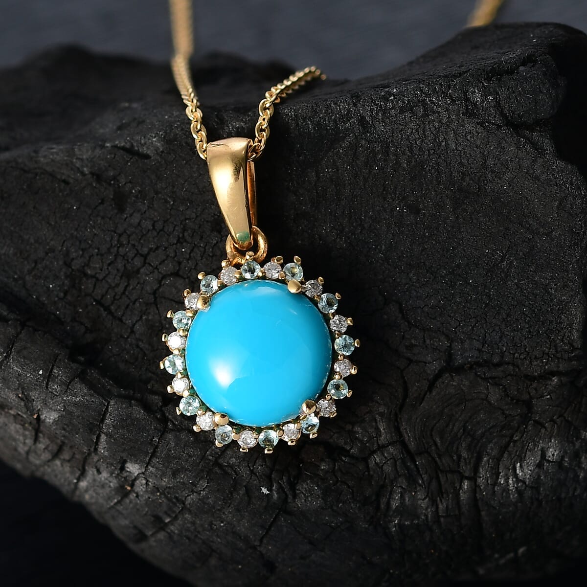 D'Joy Sleeping Beauty Turquoise, AAA Paraiba Tourmaline and Diamond 2.85 ctw Ocean Empress Pendant Necklace in 18K Vermeil Yellow Gold Over Sterling Silver 20 Inches image number 1