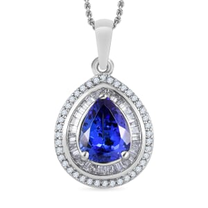 Tanzanite and White Diamond 2.30 ctw Pendant Necklace 20 Inches in Rhodium Over Sterling Silver