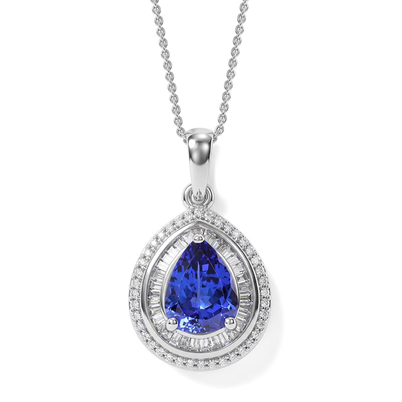Tanzanite and White Diamond 2.30 ctw Pendant Necklace 20 Inches in Rhodium Over Sterling Silver