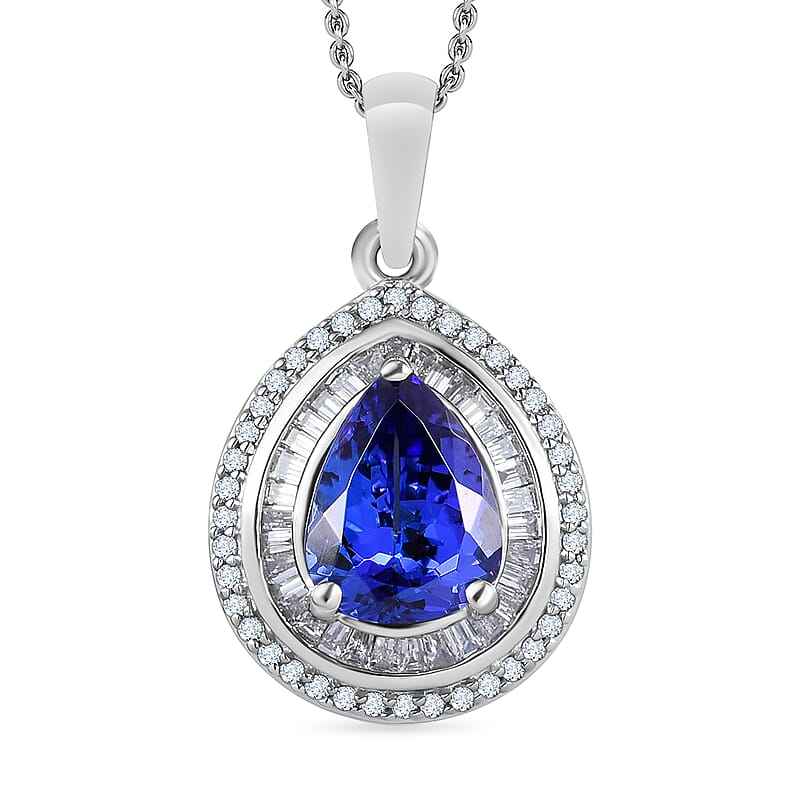 Tanzanite and White Diamond 2.30 ctw Pendant Necklace 20 Inches in Rhodium Over Sterling Silver