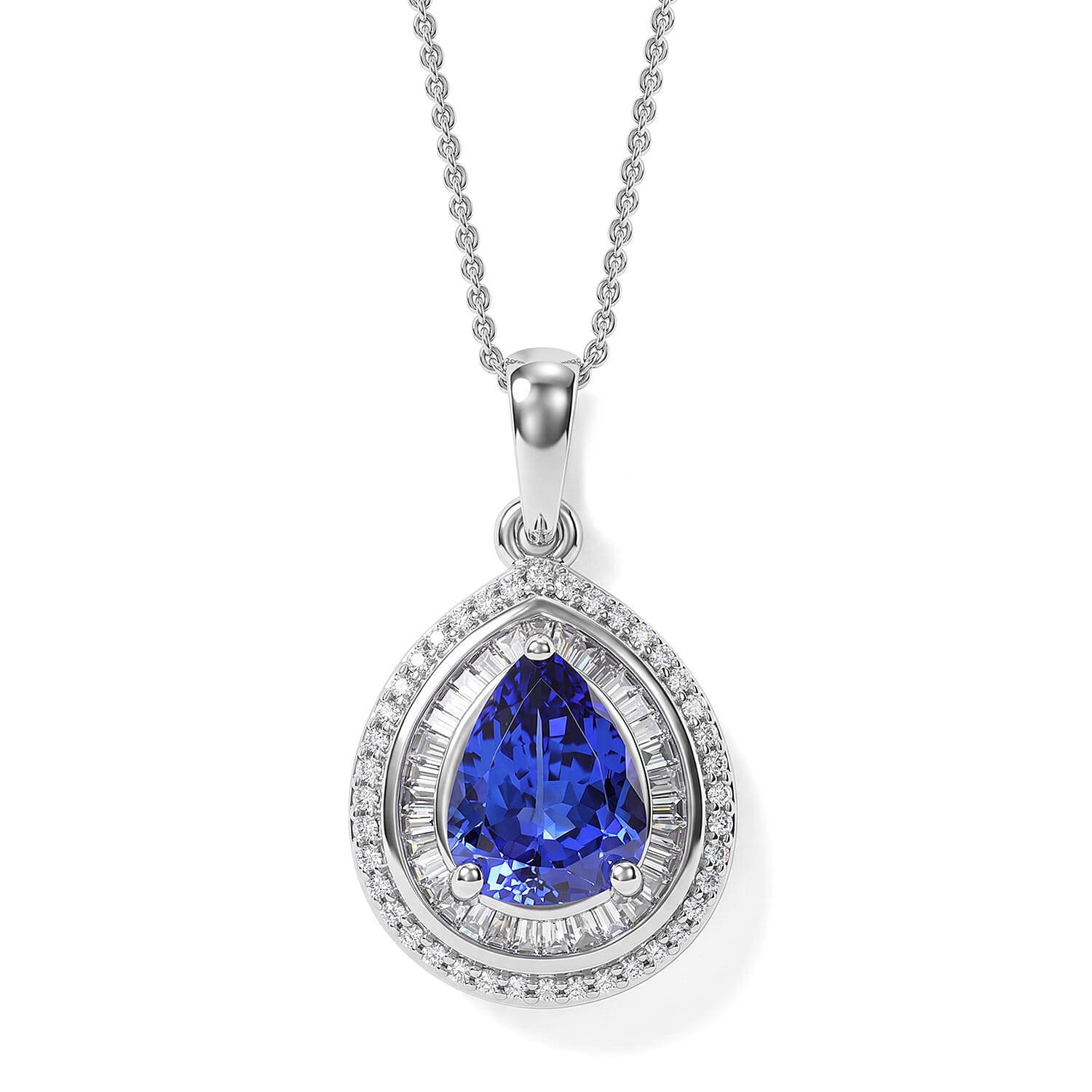 Tanzanite and White Diamond 2.30 ctw Pendant Necklace 20 Inches in Rhodium Over Sterling Silver