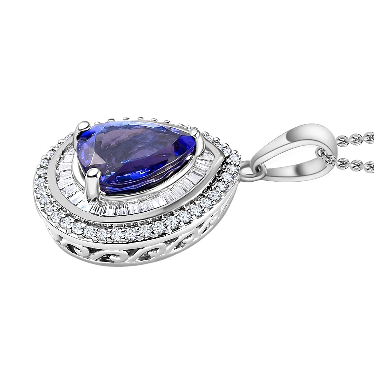Tanzanite and White Diamond 2.30 ctw Pendant Necklace 20 Inches in Rhodium Over Sterling Silver image number 2
