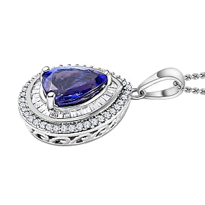 Tanzanite and White Diamond 2.30 ctw Pendant Necklace 20 Inches in Rhodium Over Sterling Silver (Del. in 10-12 Days)