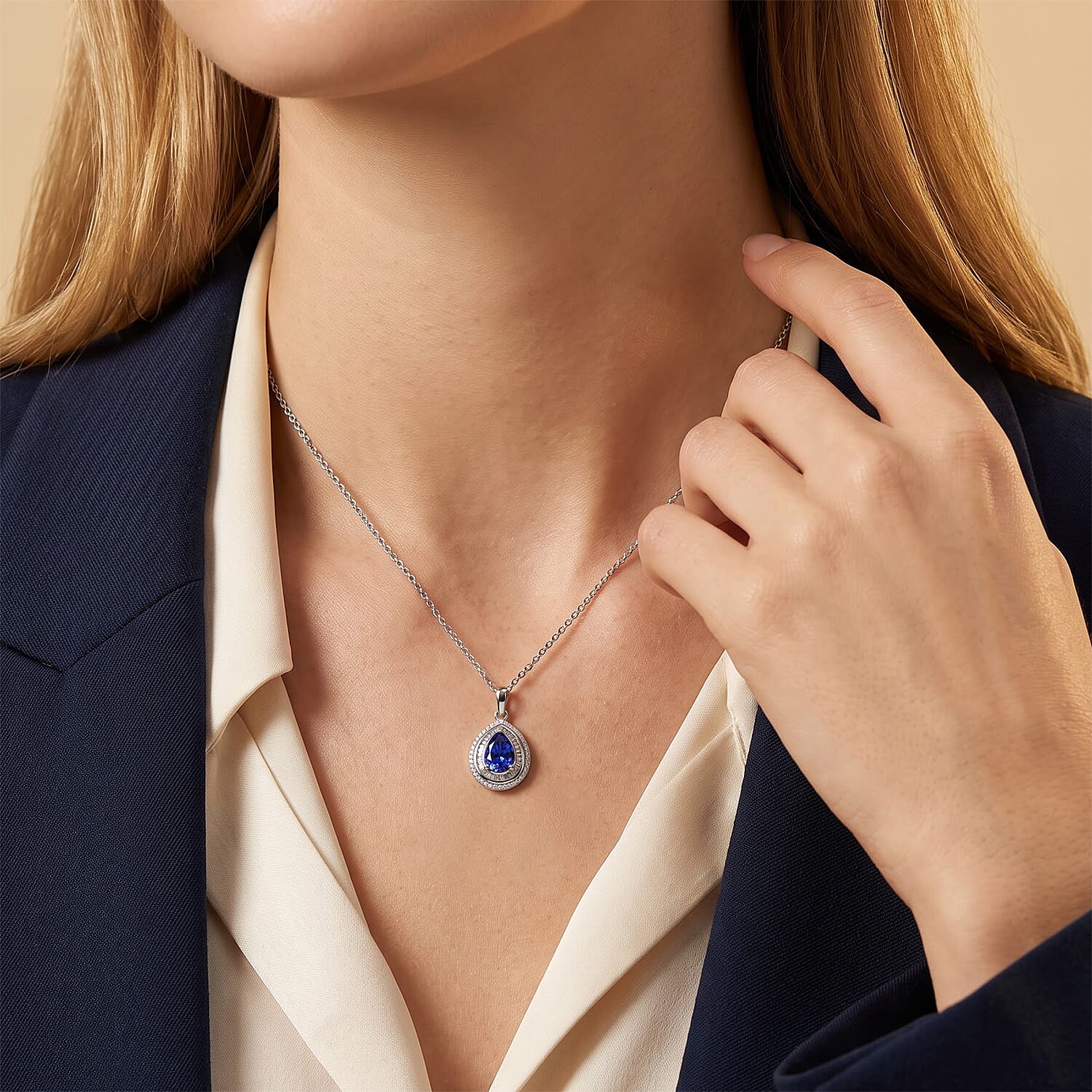 Tanzanite and White Diamond 2.30 ctw Pendant Necklace 20 Inches in Rhodium Over Sterling Silver
