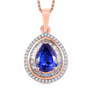 Tanzanite and White Diamond 2.30 ctw Pendant Necklace 20 Inches in 18K Vermeil Rose Gold Over Sterling Silver
