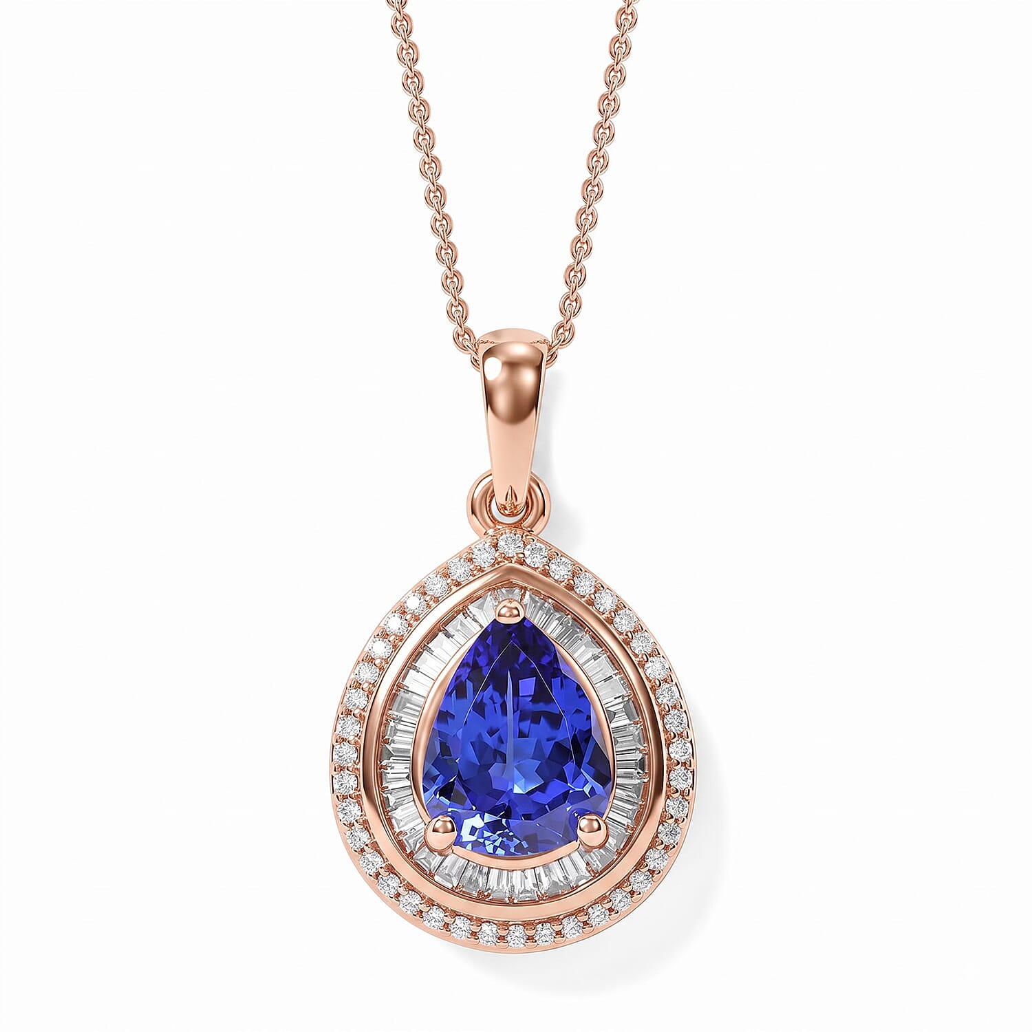 Tanzanite and White Diamond 2.30 ctw Pendant Necklace 20 Inches in 18K Vermeil Rose Gold Over Sterling Silver