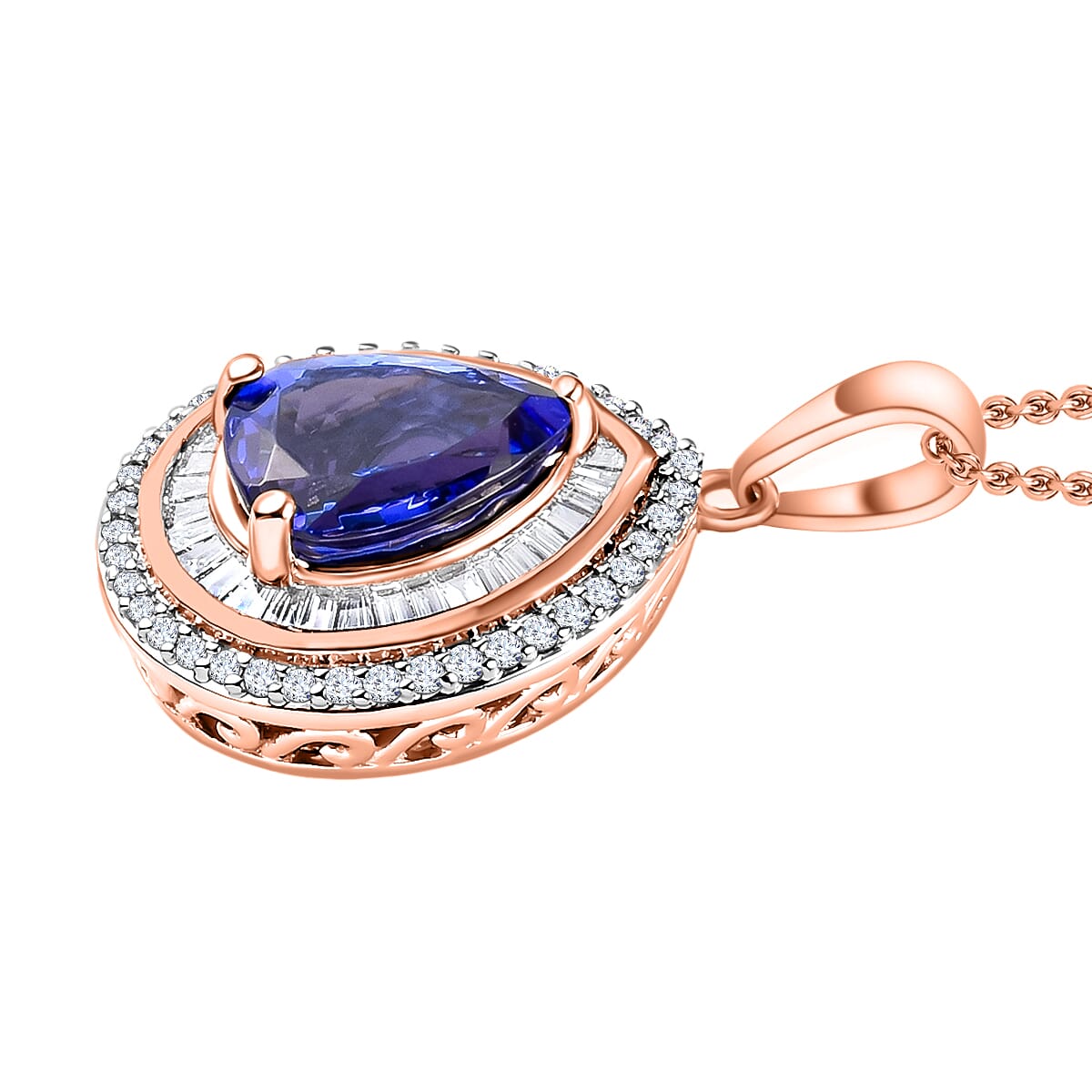 Tanzanite and White Diamond 2.30 ctw Pendant Necklace 20 Inches in 18K Vermeil Rose Gold Over Sterling Silver image number 2