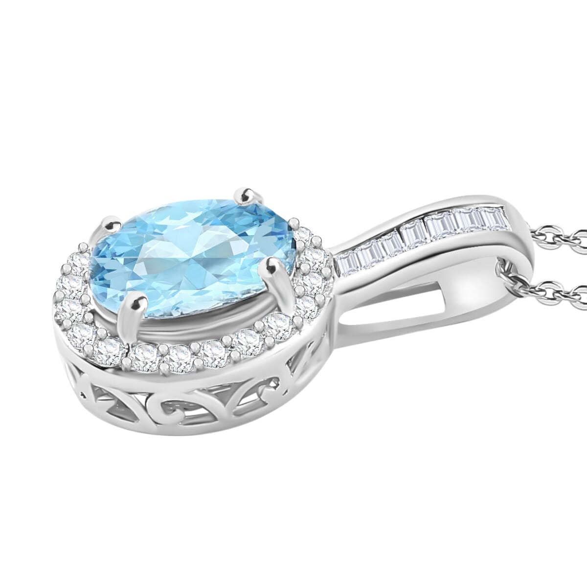 Luxoro Premium Mangoro Aquamarine and G-H I2 White Diamond 1.60 ctw Pendant Necklace 20 Inches in 14K White Gold image number 2