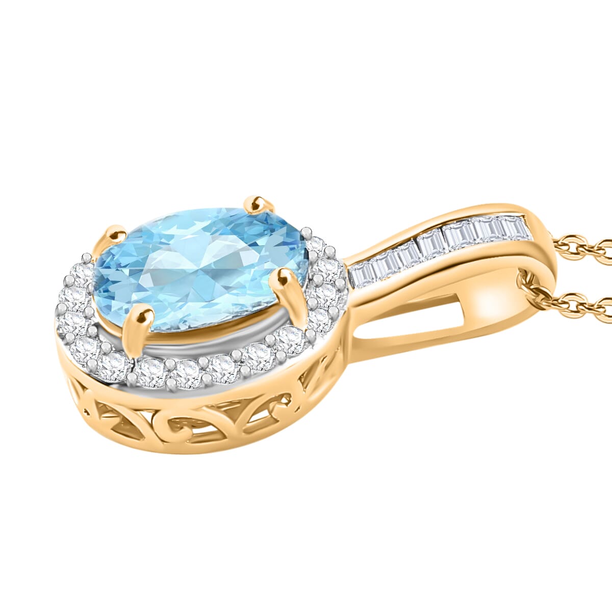 Luxoro Premium Mangoro Aquamarine and G-H I2 White Diamond 1.60 ctw Pendant Necklace 20 Inches in 14K Yellow Gold image number 2