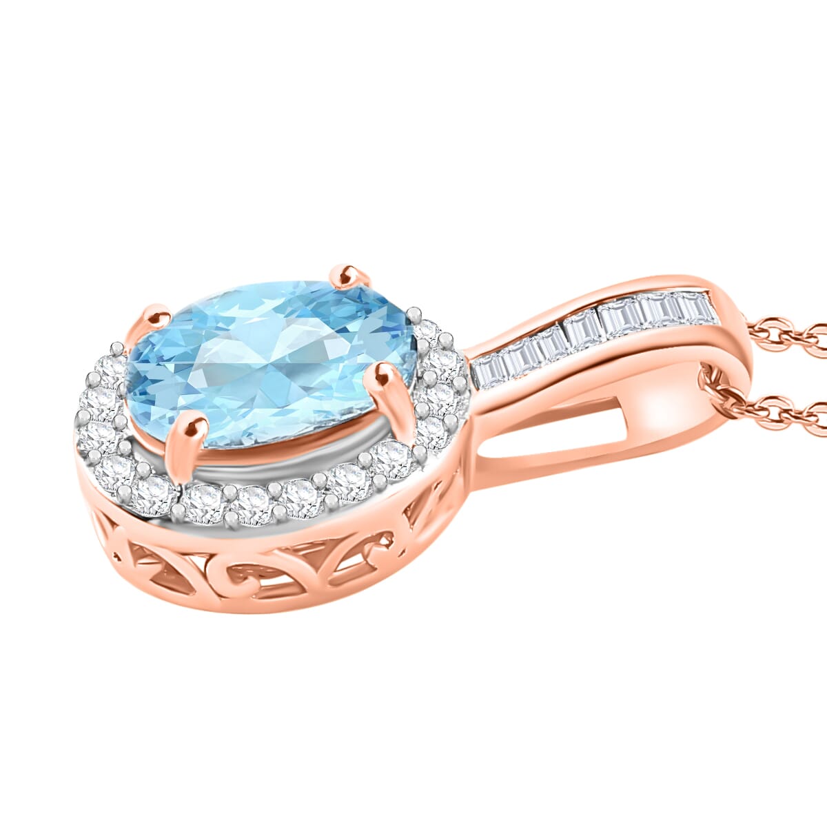 Luxoro Premium Mangoro Aquamarine and G-H I2 White Diamond 1.60 ctw Pendant Necklace 20 Inches in 14K Rose Gold image number 2