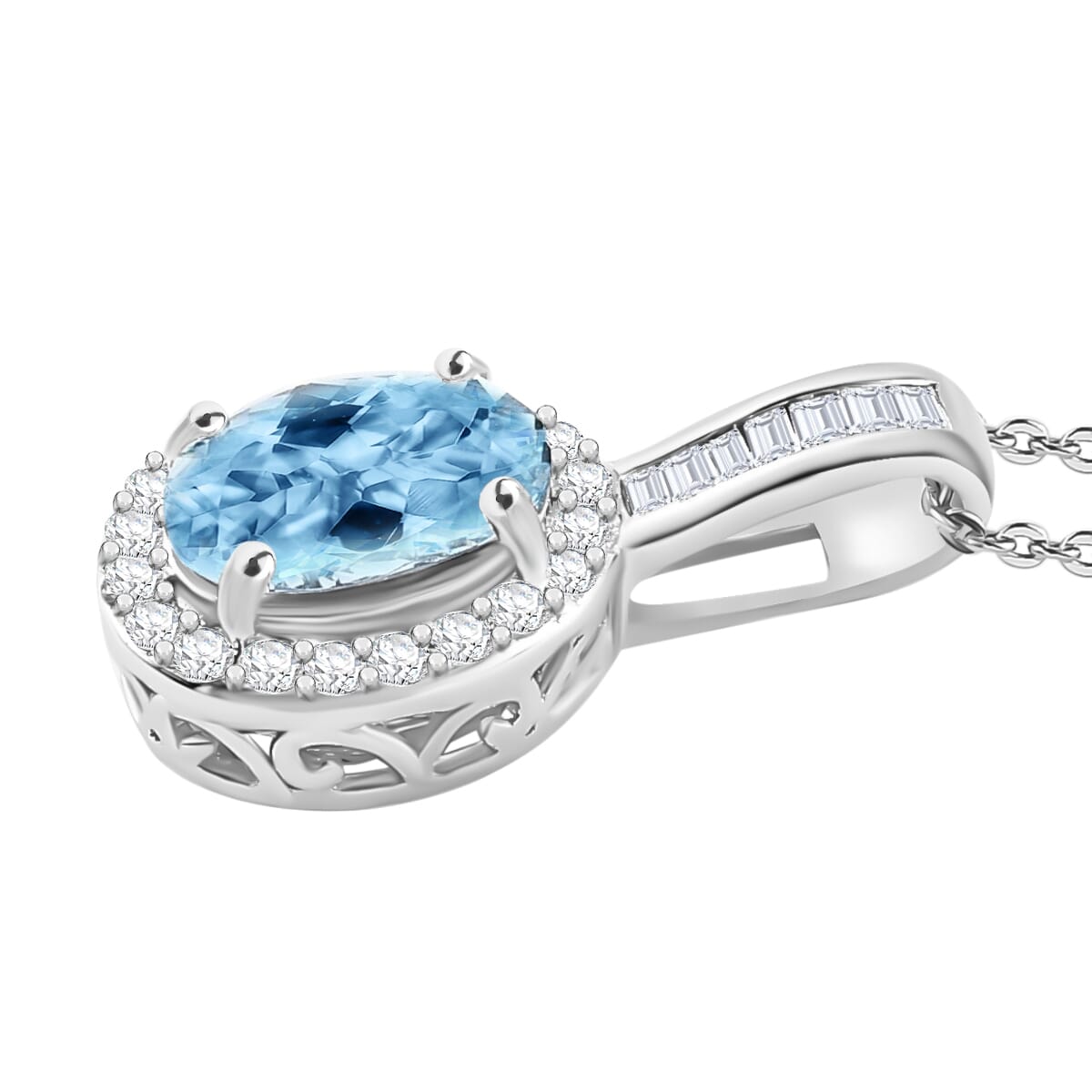 Rhapsody AAAA Santa Maria Aquamarine and G-H I2 Diamond 1.60 ctw Pendant Necklace 20 Inches 18K White Gold image number 2