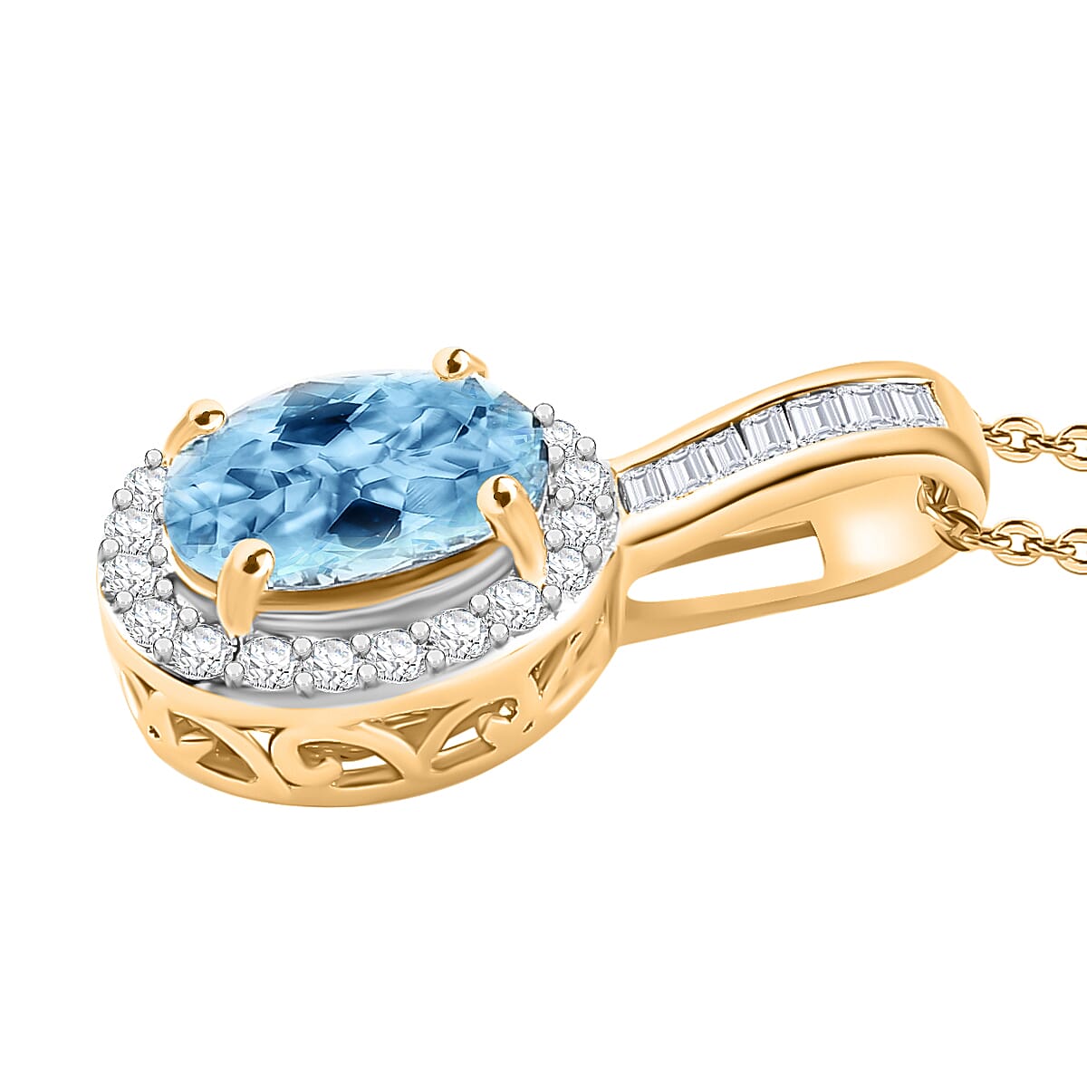 Rhapsody AAAA Santa Maria Aquamarine and E-F, VS2 Diamond 1.60 ctw Pendant Necklace 20 Inches 18K Yellow Gold