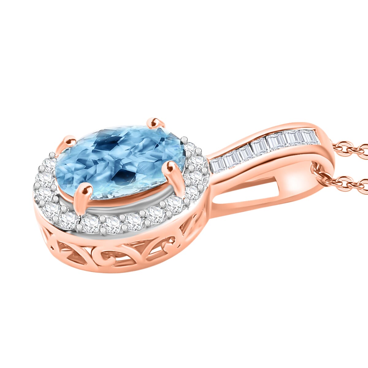 Rhapsody AAAA Santa Maria Aquamarine and G-H I2 Diamond 1.60 ctw Pendant Necklace 20 Inches 18K Rose Gold image number 2