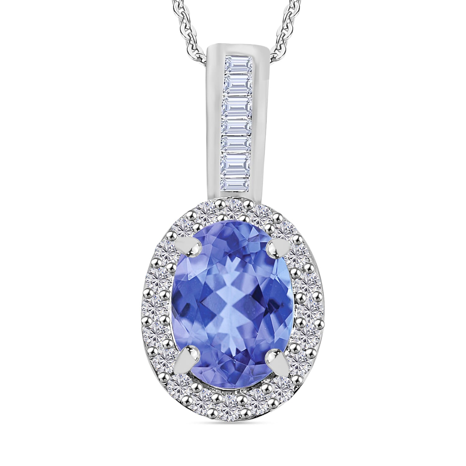 Tanzanite and Diamond 1.60 ctw Pendant Necklace 20 Inches in Rhodium Over Sterling Silver