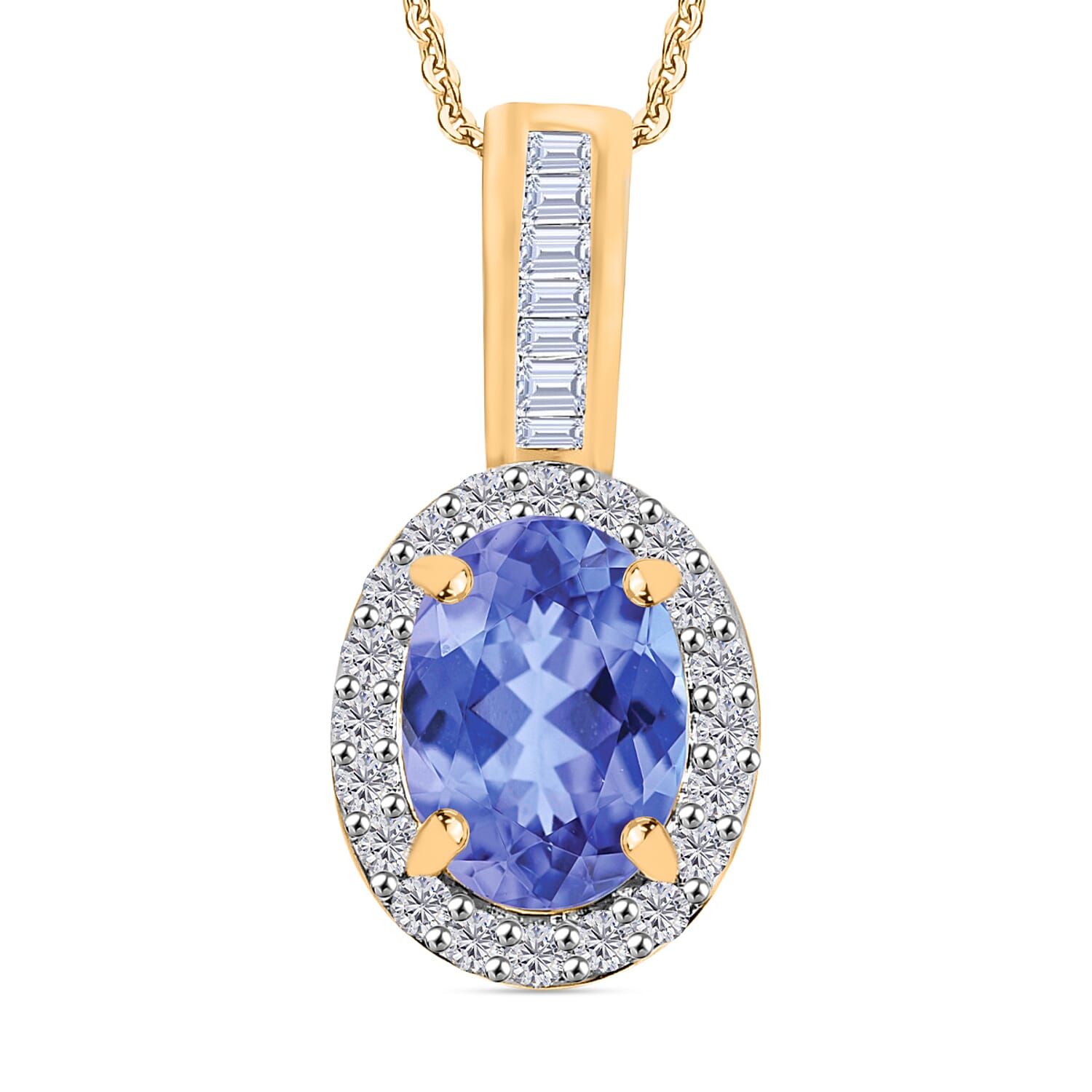 D'Joy Tanzanite and Diamond 1.60 ctw Pendant Necklace 20 Inches in 18K Vermeil Yellow Gold Over Sterling Silver
