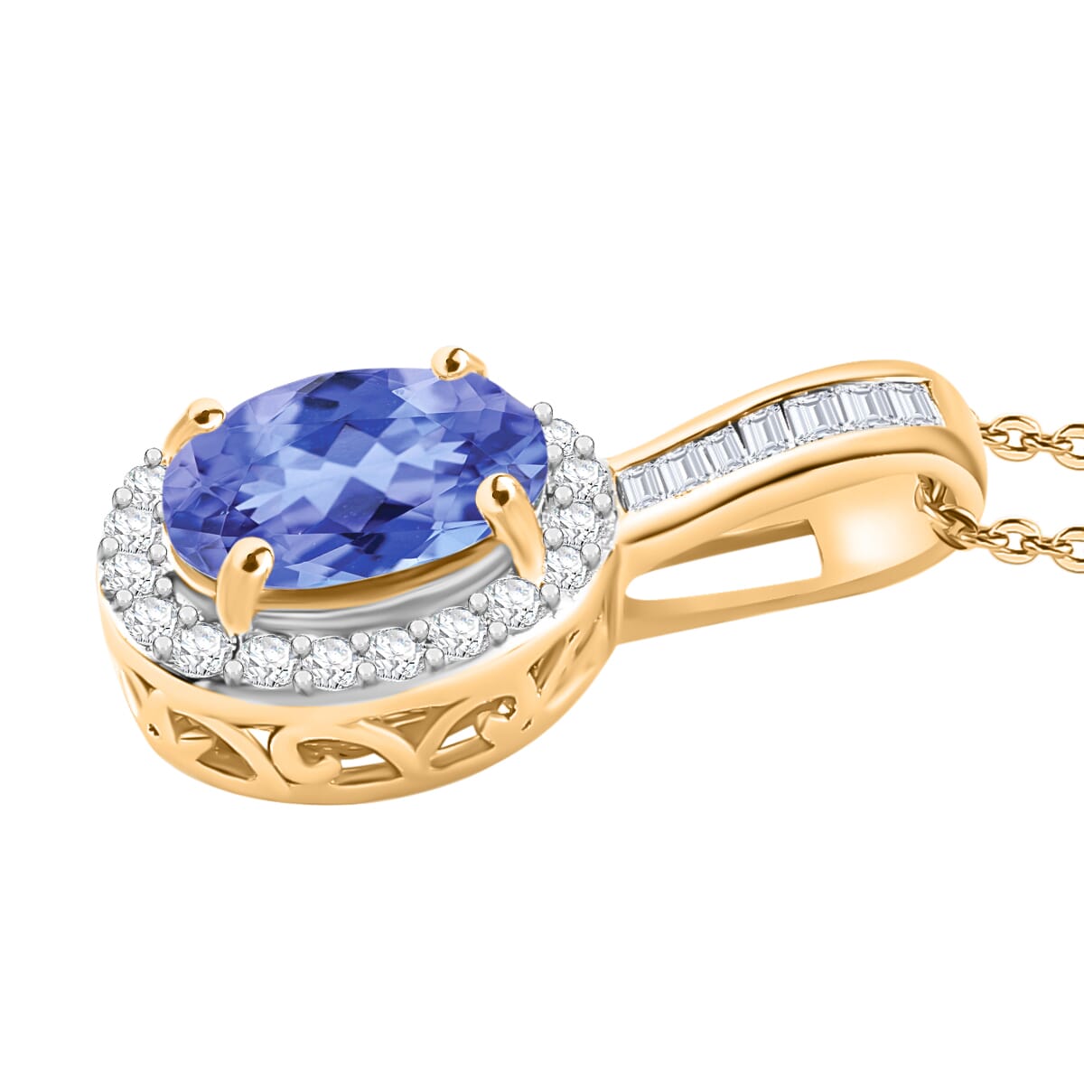 Tanzanite and Diamond 1.60 ctw Pendant Necklace 20 Inches in 18K Vermeil Yellow Gold Over Sterling Silver image number 2
