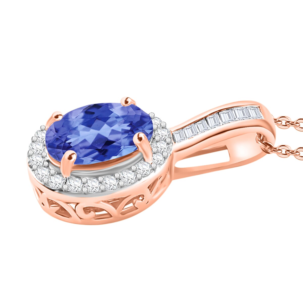 Luxoro Premium Tanzanite and G-H I2 Diamond 1.60 ctw Pendant Necklace 20 Inches in 14K Rose Gold image number 2