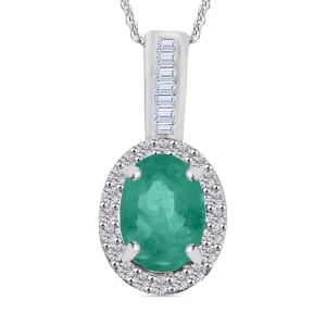 Kagem Zambian Emerald and Diamond 1.44 ctw Pendant Necklace 20 Inches in Rhodium Over Sterling Silver