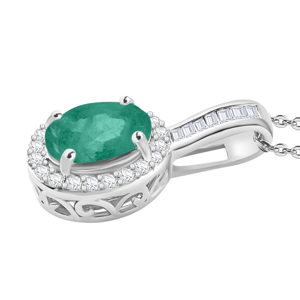 Kagem Zambian Emerald and Diamond 1.44 ctw Pendant Necklace 20 Inches in Rhodium Over Sterling Silver image number 2