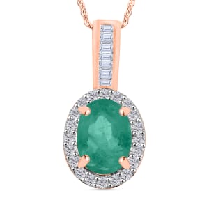 Kagem Zambian Emerald and Diamond 1.44 ctw Pendant Necklace 20 Inches in 18K Vermeil Rose Gold Over Sterling Silver